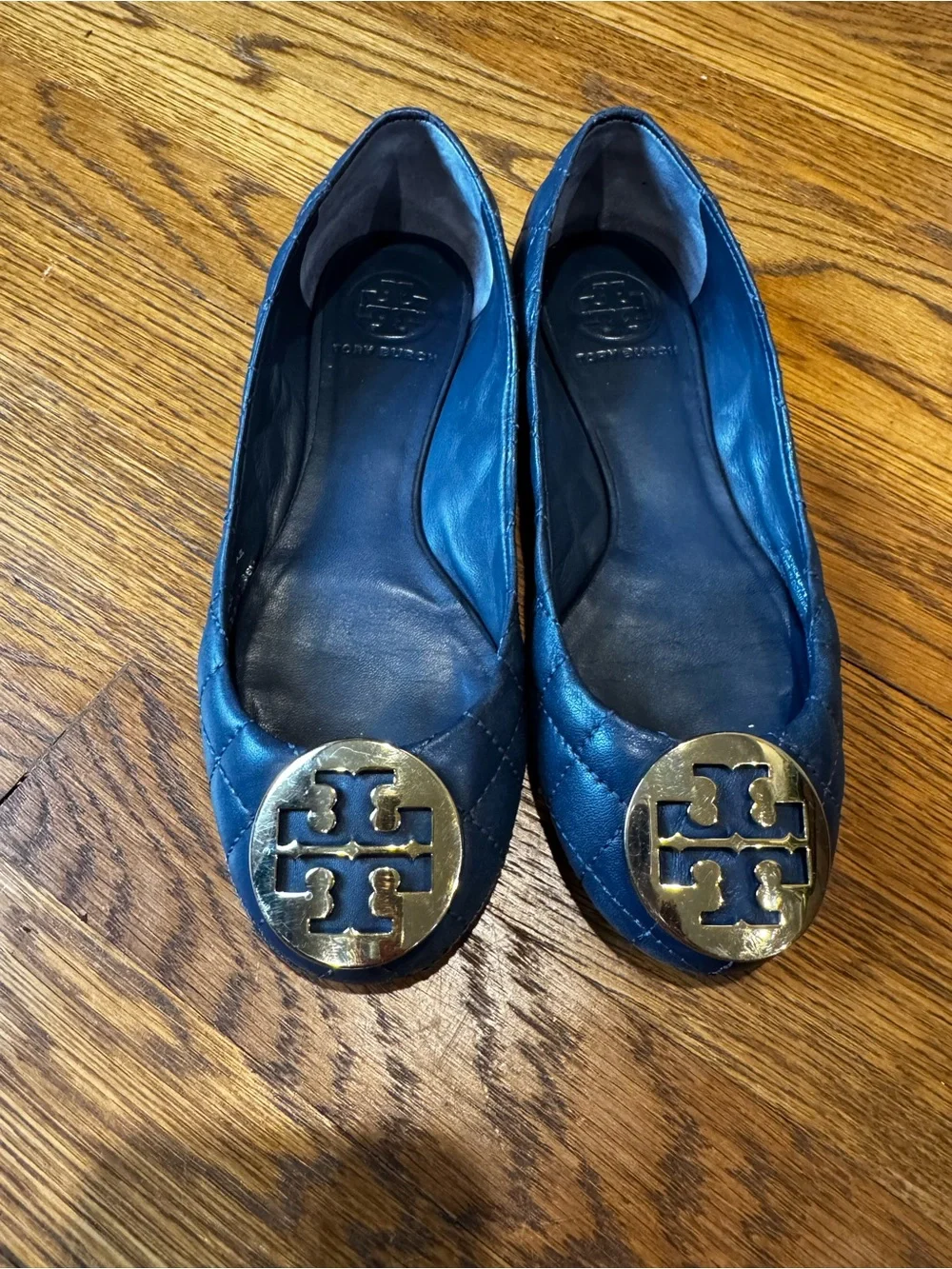 Tory Burch Women's Blue Quilted Leather Logo Ballet Flats size 6